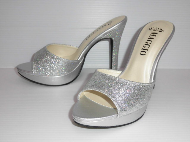 即決 M(23~23.5cm) MAGGIO FR1055 シルバー 美脚 婦人 レディース ミュール サンダル ピンヒール パーティー スナック 披露宴 ハイヒール拍卖
