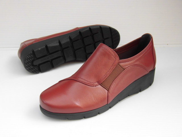 痛くない柔か牛革 幅広4E 23.0 MORE PLUS 1702 RBR 日本製 婦人 レディース ウォーキングシューズ パンプス スリッポン ウエッジソール拍卖