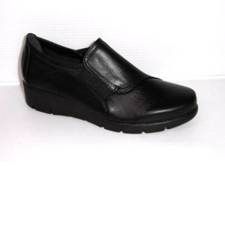 痛くない柔か牛革 幅広 4E 23.5 MORE PLUS 1702 黒 パンプス 冠婚葬祭 礼装 フォーマル スリッポン ウエッジソール ウォーキングシューズ拍卖