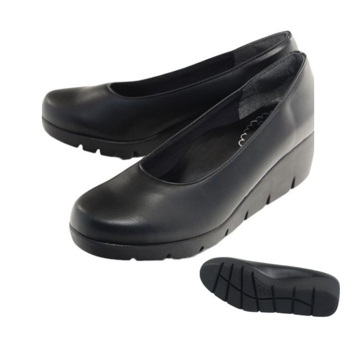 痛くない柔らかストレッチ 24.0 濡れに強い耐水素材 FIRST CONTACT 39600 黒 日本製 婦人 レディース ウエッジソール プレーン パンプス拍卖