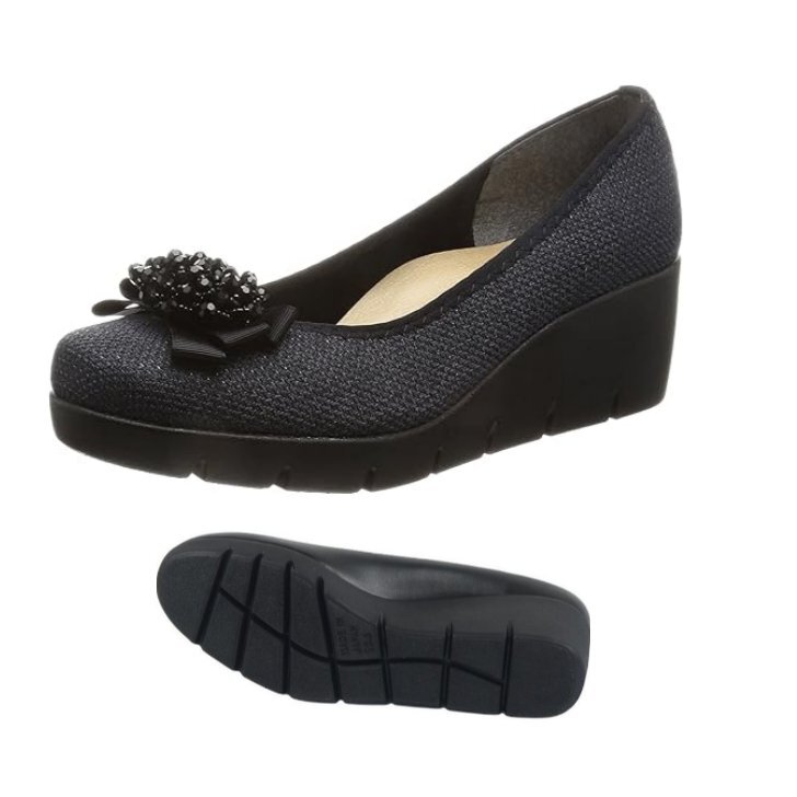 痛くない柔らかストレッチ 24.0 FIRST CONTACT 39603 黒 日本製 婦人 レディース ウエッジソール プレーン パンプス 衝撃吸収 外反母趾拍卖