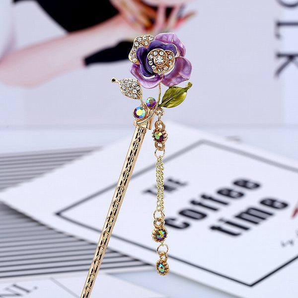 「bue-a2」 薔薇 花 かんざし アンティーク 簪 ヘアピン 髪飾り 和装 浴衣 振袖 成人式 卒業式 パープル拍卖