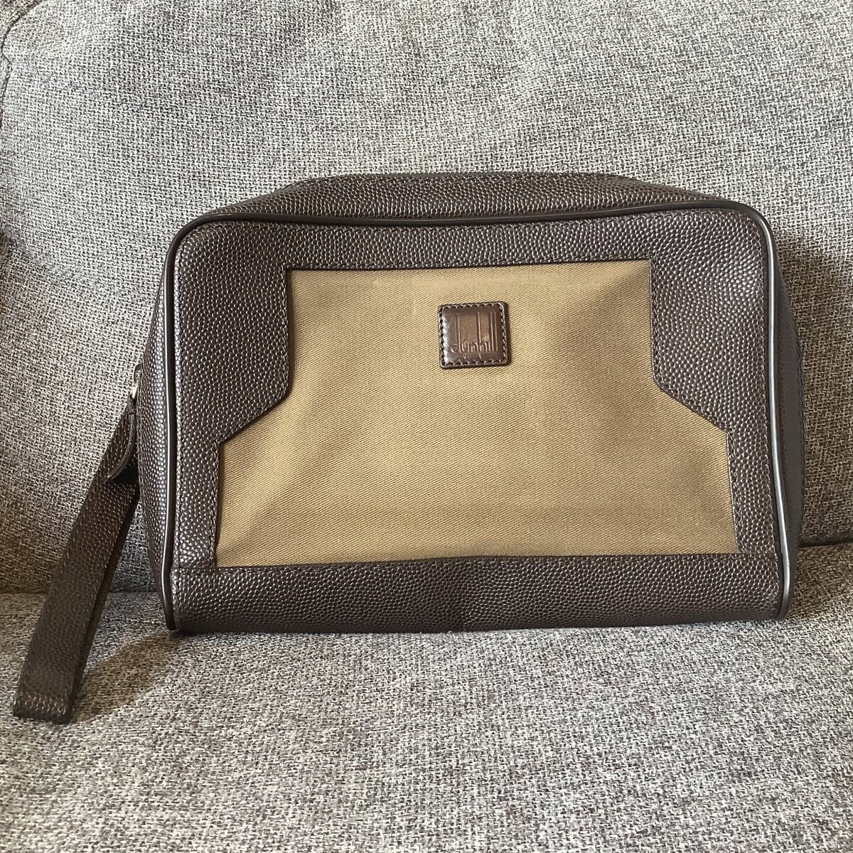 1円~ 美品 ダンヒル dunhill セカンドバッグ クラッチバッグ ポーチ レザー キャンバス ダークブラウン 2way メンズ アイテム拍卖