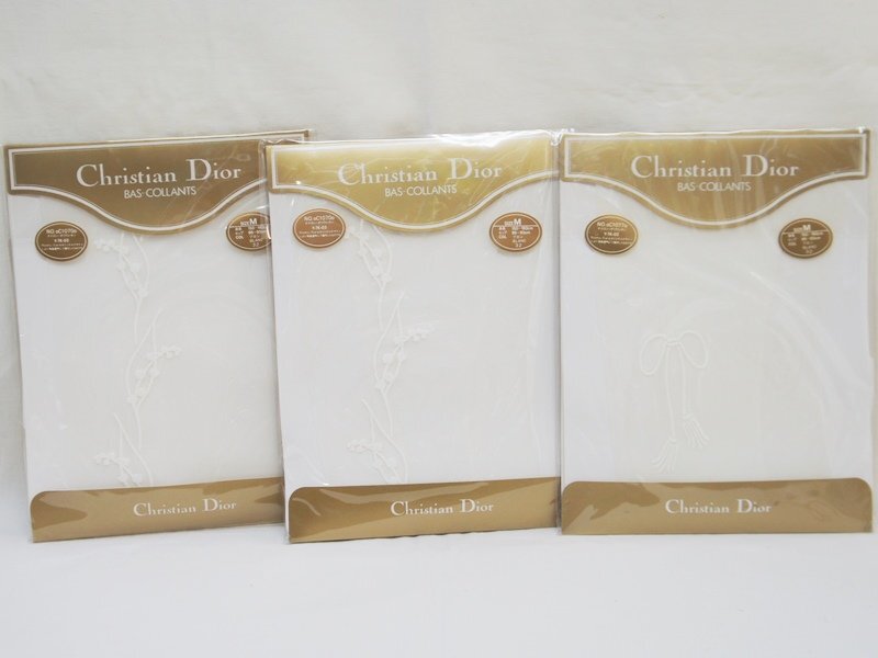 未開封・未使用【Christian Dior ディオール】ストッキング3足セット ワンポイント柄 BAS-COLLANTS ブロン 白 Mサイズ カネボウ拍卖
