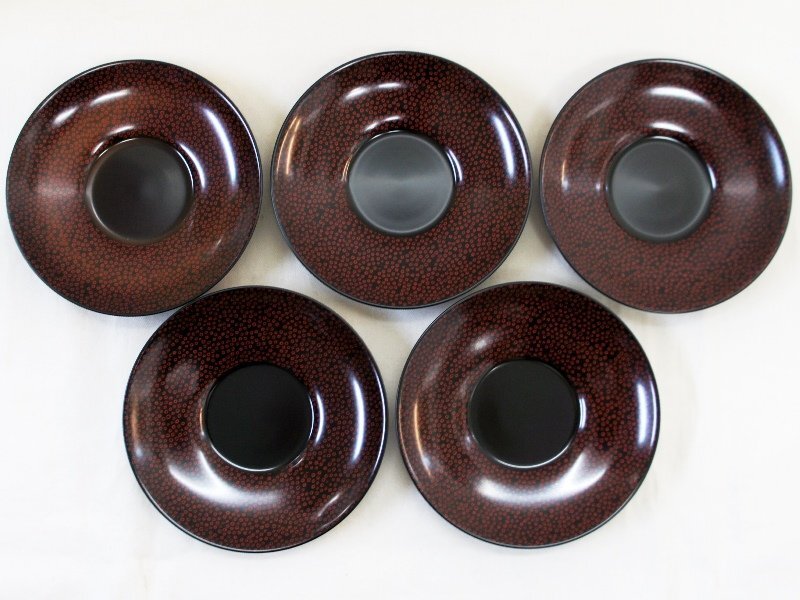 中古 超美品【うるわし ななこ 茶托だるま4.2寸】茶托5客 直径約12.8cm 工芸品 合成漆器 ウレタン塗装 木製品拍卖