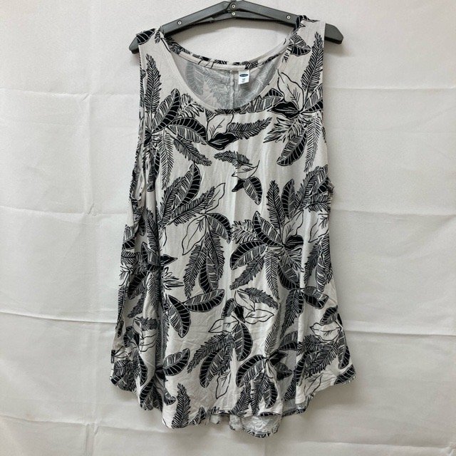 B236 オールドネイビー XXL アメリカ古着 リーフ柄 レーヨン ノースリーブ チュニック ホワイト OLD NAVY レディース拍卖