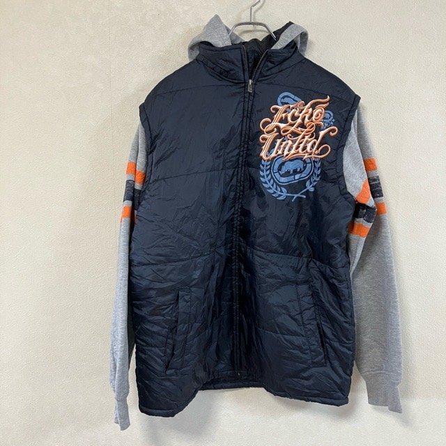 B281 エコーアンリミテッド XL アメリカ古着 プリント コットンポリ 長袖 パーカ ネイビー ECKO メンズ拍卖