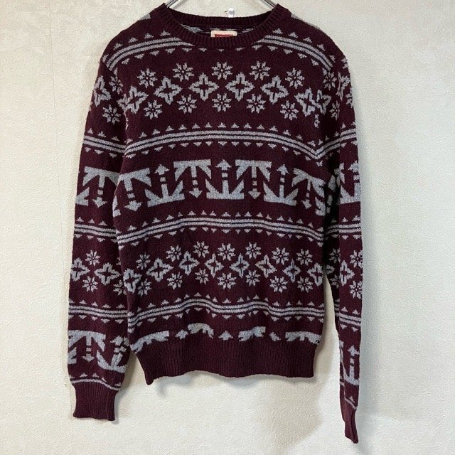 B294 リーバイス S アメリカ古着 フェアアイル アクリル 長袖 総柄 ニットセーター ボルドー レッド系 Levi's メンズ拍卖