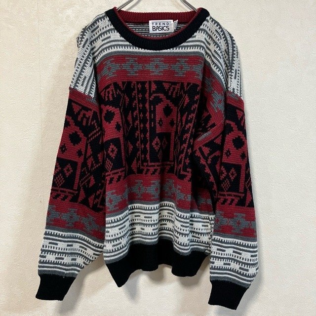 B328 トレンドベーシックス XL アメリカ古着 総柄 アクリル ニットセーター レッド TREND BASICS メンズ拍卖
