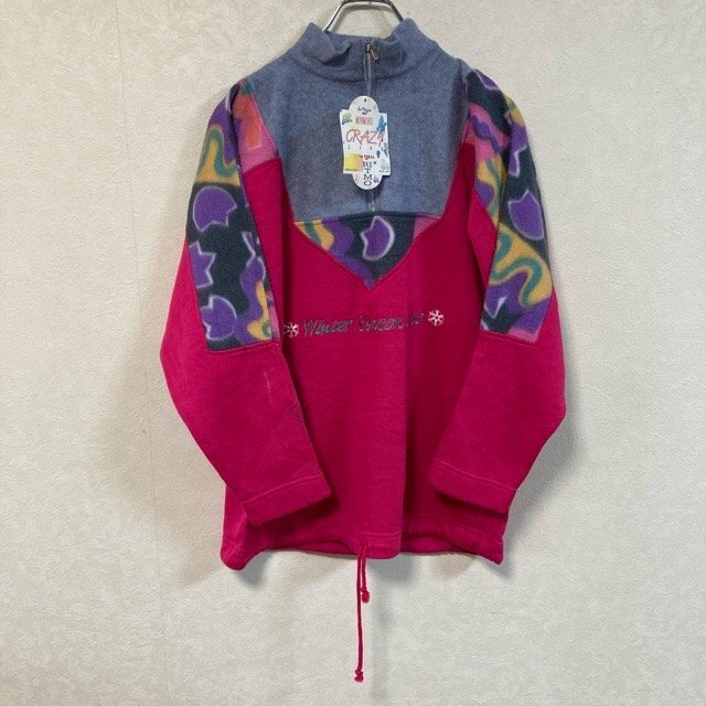 A39 RITMO M ユーロ古着 イタリア製 タグ付き 総柄切替 ハーフジップ フリース ピンク クレイジーパターン レディース拍卖