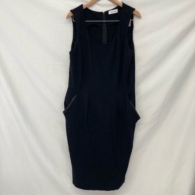 C11 カルバンクライン M アメリカ古着 レーヨン混 ノースリーブ ワンピース ブラック Calvin Klein レディース拍卖