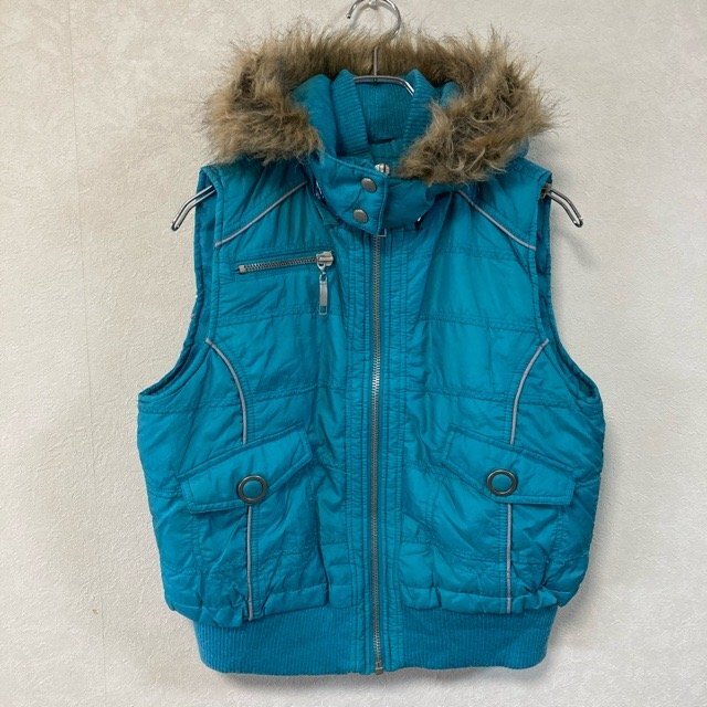 A151 モッシモサプライ L ユースサイズ アメリカ古着 フェイクファー付 ベスト ブルー MOSSIMO SUPPLY CO. レディース拍卖