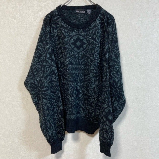 A382 ピーターイングランド XL アメリカ古着 アクリル ジャガード柄 クルーネック ニット ブラック PETERENGLAND メンズ拍卖
