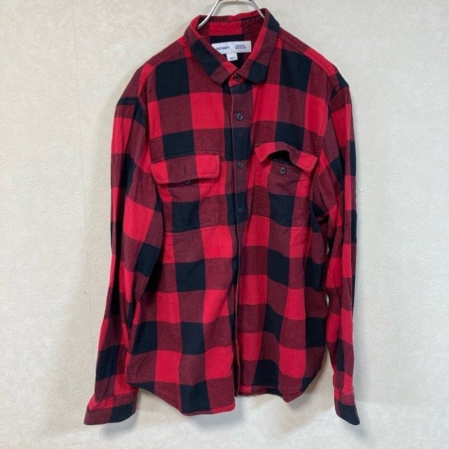 A872 オールドネイビー L アメリカ古着 コットン 長袖 シャツ レッド×ブラック OLD NAVY メンズ拍卖