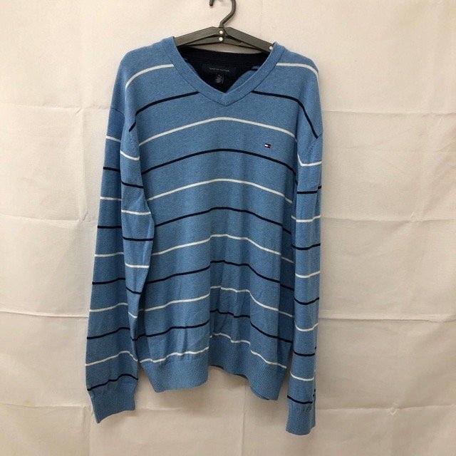 C101 トミーヒルフィガー XL アメリカ古着 ボーダー コットン Vネック 長袖 ニットセーター ライトブルー TOMMY HILFIGER メンズ拍卖