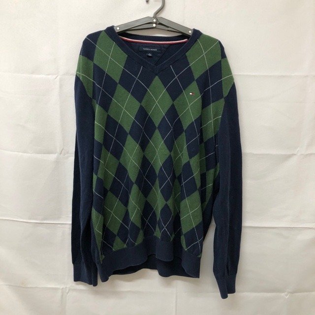 C114 トミーヒルフィガー XL アメリカ古着 コットン 長袖 アーガイル柄 ニット ネイビー TOMMY HILFIGER メンズ拍卖