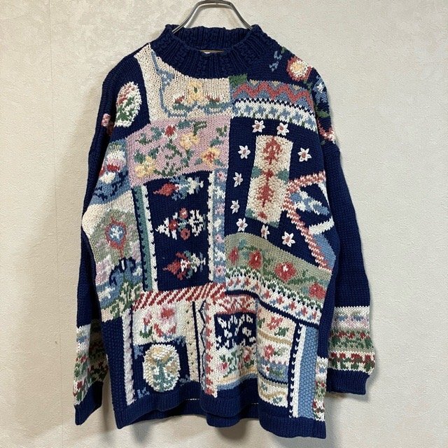A9 ヒールロムコレクティブル S アメリカ古着 1990年代 コットンラミー 長袖 花柄ニット ブルー Heirloom Collectible レディース拍卖