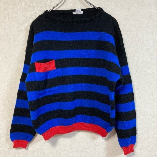 A193 CATEGORY L アメリカ古着 モーリシャス製 ボーダー ウール 長袖 ニットセーター ブルー×ブラック CATEGORY レディース拍卖