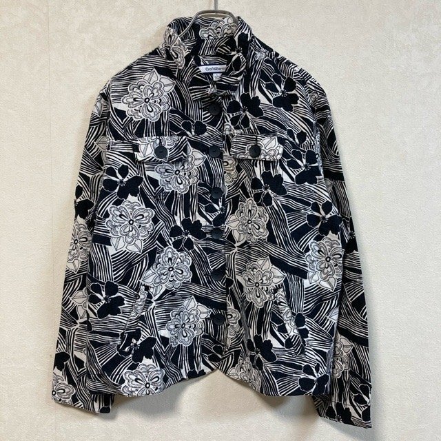 A218 クロフトアンドバロー L アメリカ古着 リネンコットン ボタニカル柄 長袖 シャツ ブラック Croft&Barrow メンズ拍卖