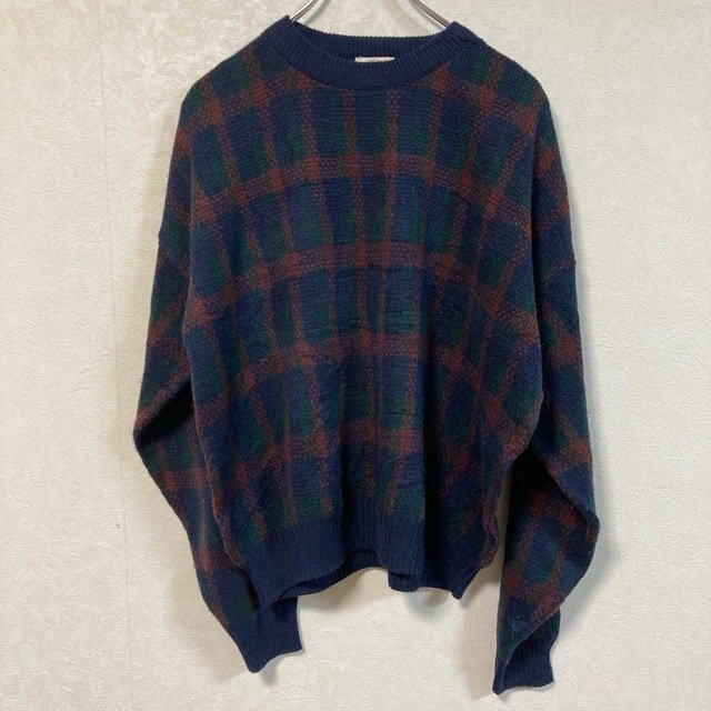 A199 GFC TRADING COMPANY L アメリカ古着 チェック柄 アクリル 長袖 ニットセーター ネイビー GFC メンズ拍卖