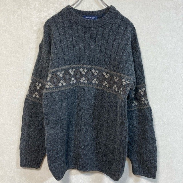 A203 PROFILO SPORT S アメリカ古着 カナダ製 ノルディック柄 アクリル×ウール 長袖 ニットセーター グレー PROFILO メンズ拍卖