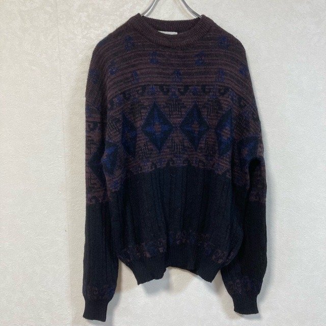 A270 ハードウッドアンドパイン L アメリカ古着 総柄 アクリル 長袖 セーター ネイビー HARDWOOD & PINE メンズ拍卖