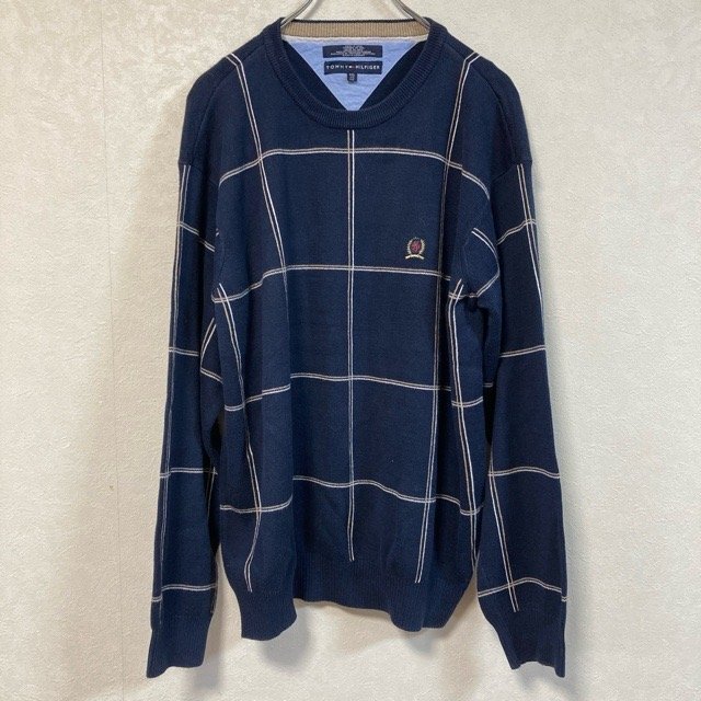 A277 トミーヒルフィガー XXL アメリカ古着 チェック コットン 長袖 ニット ネイビー TOMMY HILFIGER メンズ拍卖