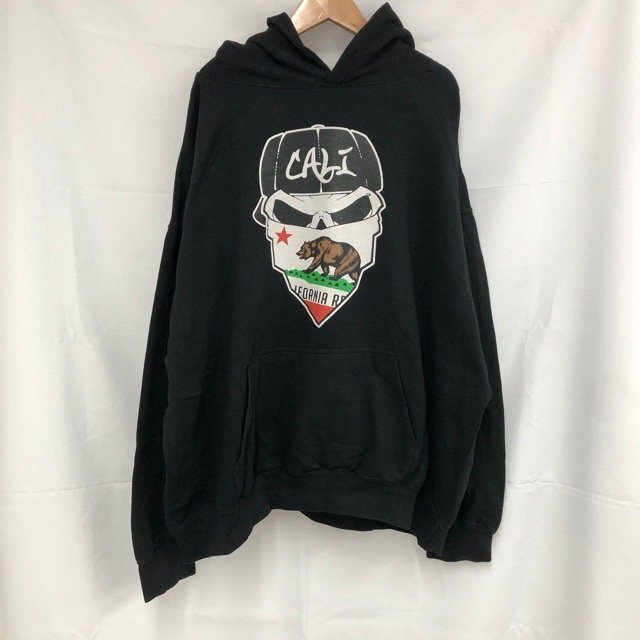 A627 スリー レイヤー L アメリカ古着 プリント スカルデザイン 長袖 パーカー ブラック THREE LAYER メ拍卖