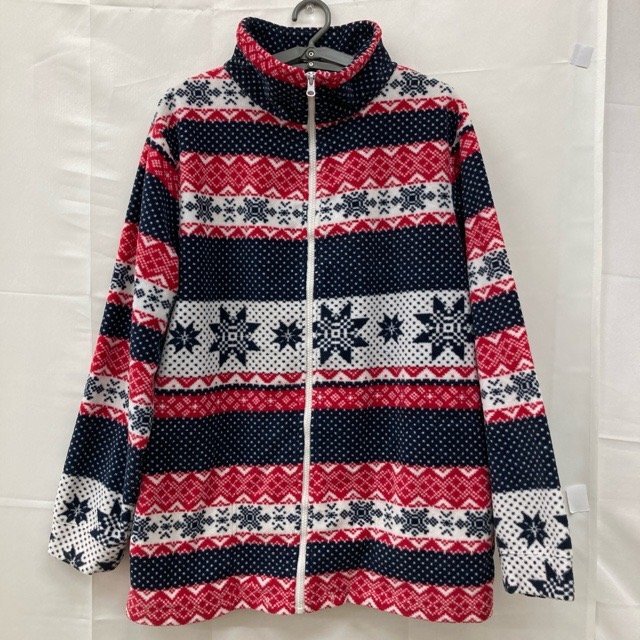 A1015 L アメリカ古着 長袖 ポリエステル ノルディック柄フリースジャケット レッド メンズ拍卖