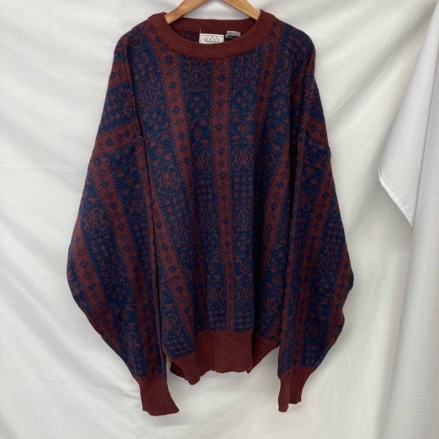 C299 ザメンズストア XL アメリカ古着 韓国製 アクリル 長袖 総柄ニットセーター ボルドーマルチ THE MEN’S STORE メンズ拍卖