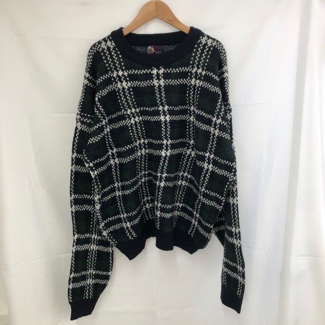 C325 トレーディングカンパニー XL アメリカ古着 チェック柄 アクリル 長袖 ニットセーター ネイビー TRADING COMPANY メンズ拍卖