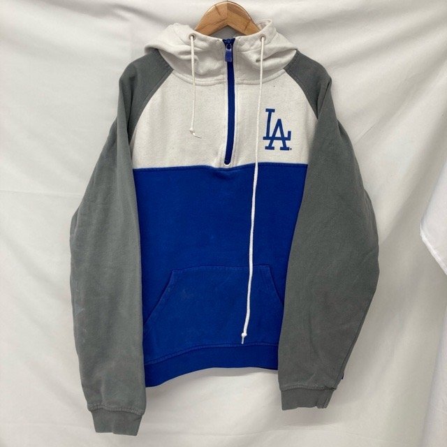 C371 ニューエラ L アメリカ古着 LAドジャース刺繍 コットン混 長袖 パーカー ブルー×グレー NEW ERA レディース拍卖