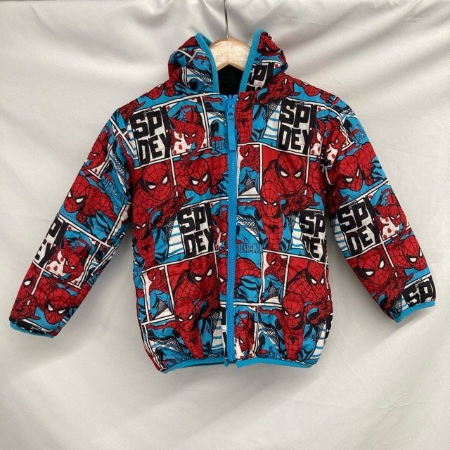 B396 スパイダーマン キッズ ユーロ古着 ポリエステル 総柄 中綿ジャケット レッド SPIDERMAN キッズ拍卖