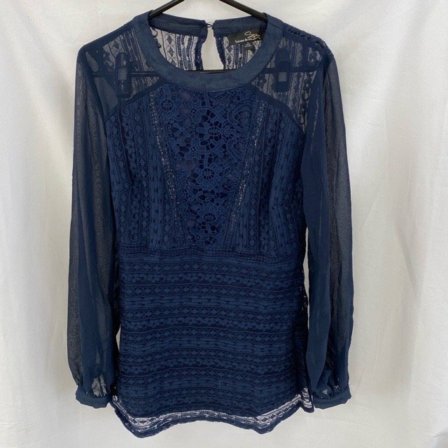 A1902 スザンヌベトロ S アメリカ古着 レース ポリエステル 長袖 ブラウス ネイビー SUZANNE BETRO レディース拍卖