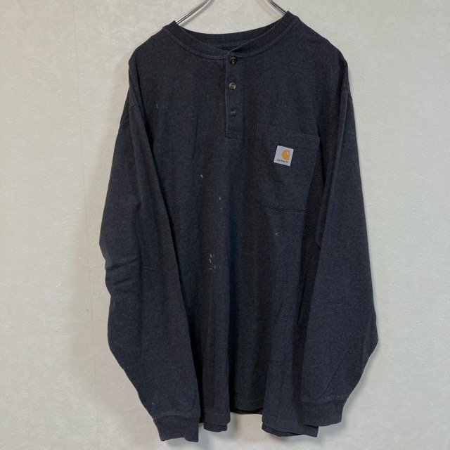 B441 カーハート L アメリカ古着 ヘンリーネック コットン 長袖 Tシャツ チャコールグレー Carhartt メンズ拍卖