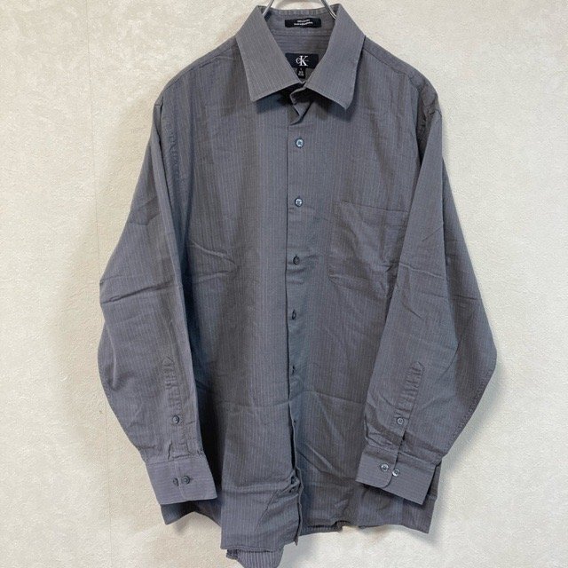 B437 カルバンクライン L アメリカ古着 ストライプ コットン 長袖 シャツ グレー Calvin Klein メンズ拍卖