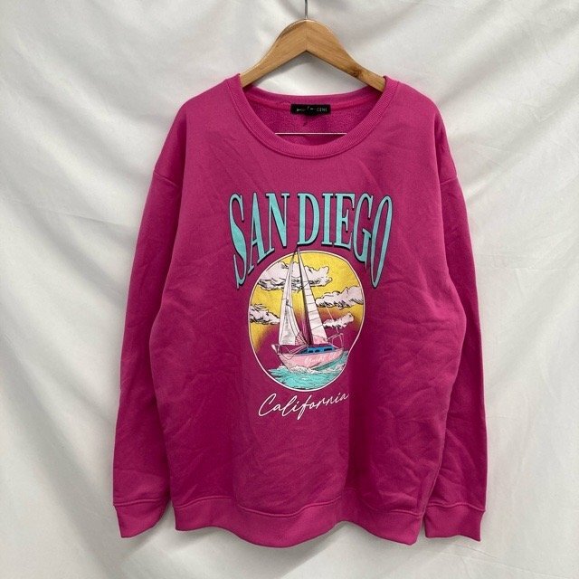 B413 ソーシャルシーン L ユーロ古着 ポリエステル SAN DIEGO プリントスウェット ピンク social scene レディース拍卖