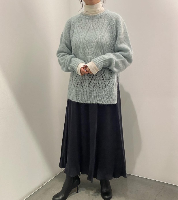 新品 定価2.7万 enchainement 透かし編み モヘアニット 水色 オープンワーク アンシェヌマン拍卖