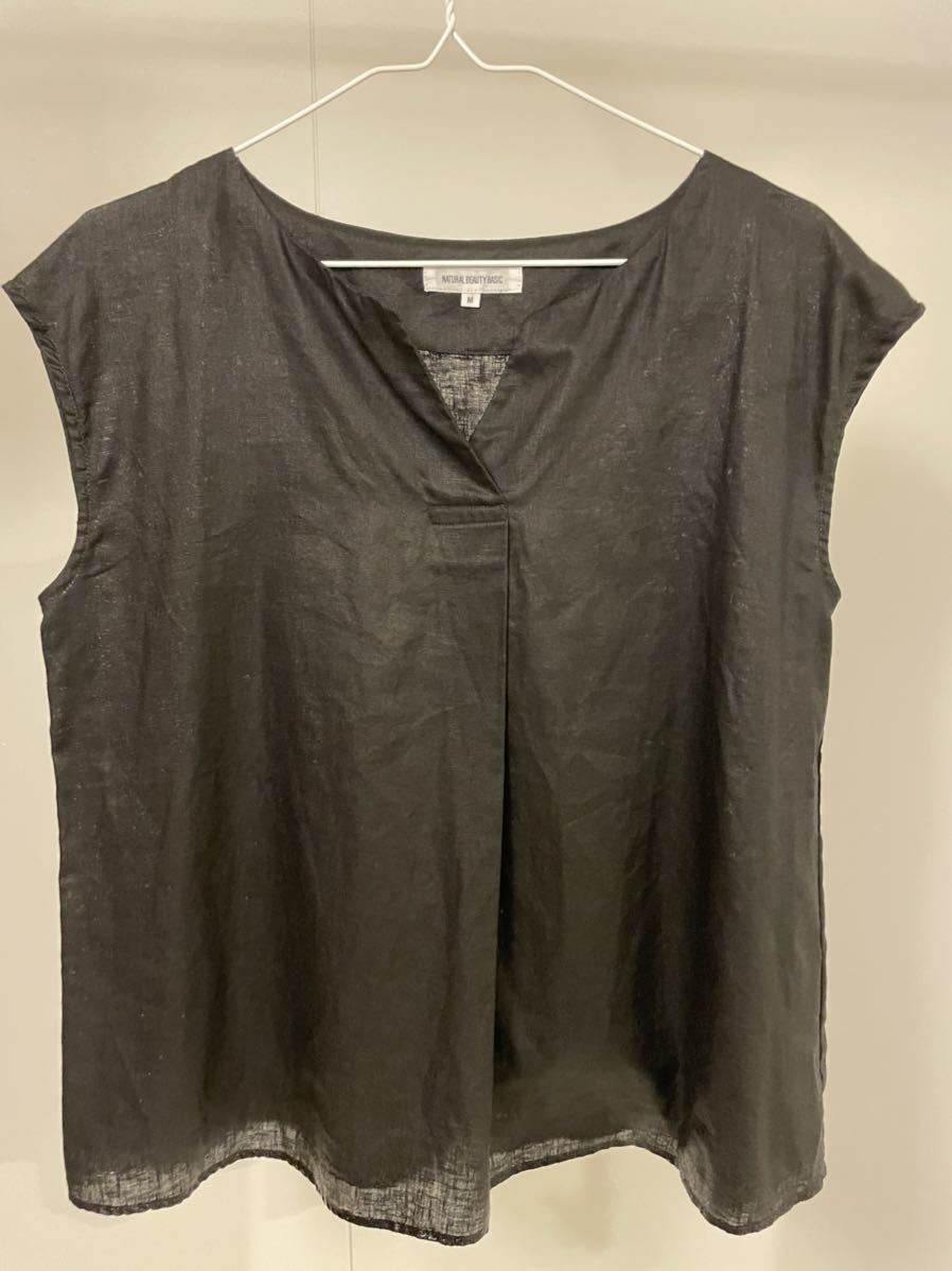 N.Natural Beauty Basic フレンチリネン ノースリーブ スキッパー ブラウス シャツ サイズM ブラック 綺麗目シャツ拍卖