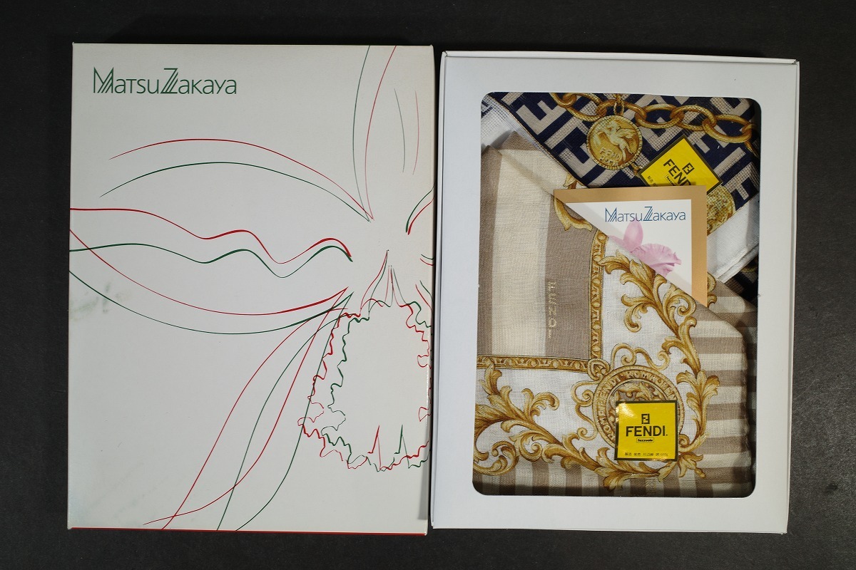 未使用★ FENDI フェンディ ハンカチ 約50cm 2枚 セット ズッカ チェーン柄 綿100% 箱入り拍卖