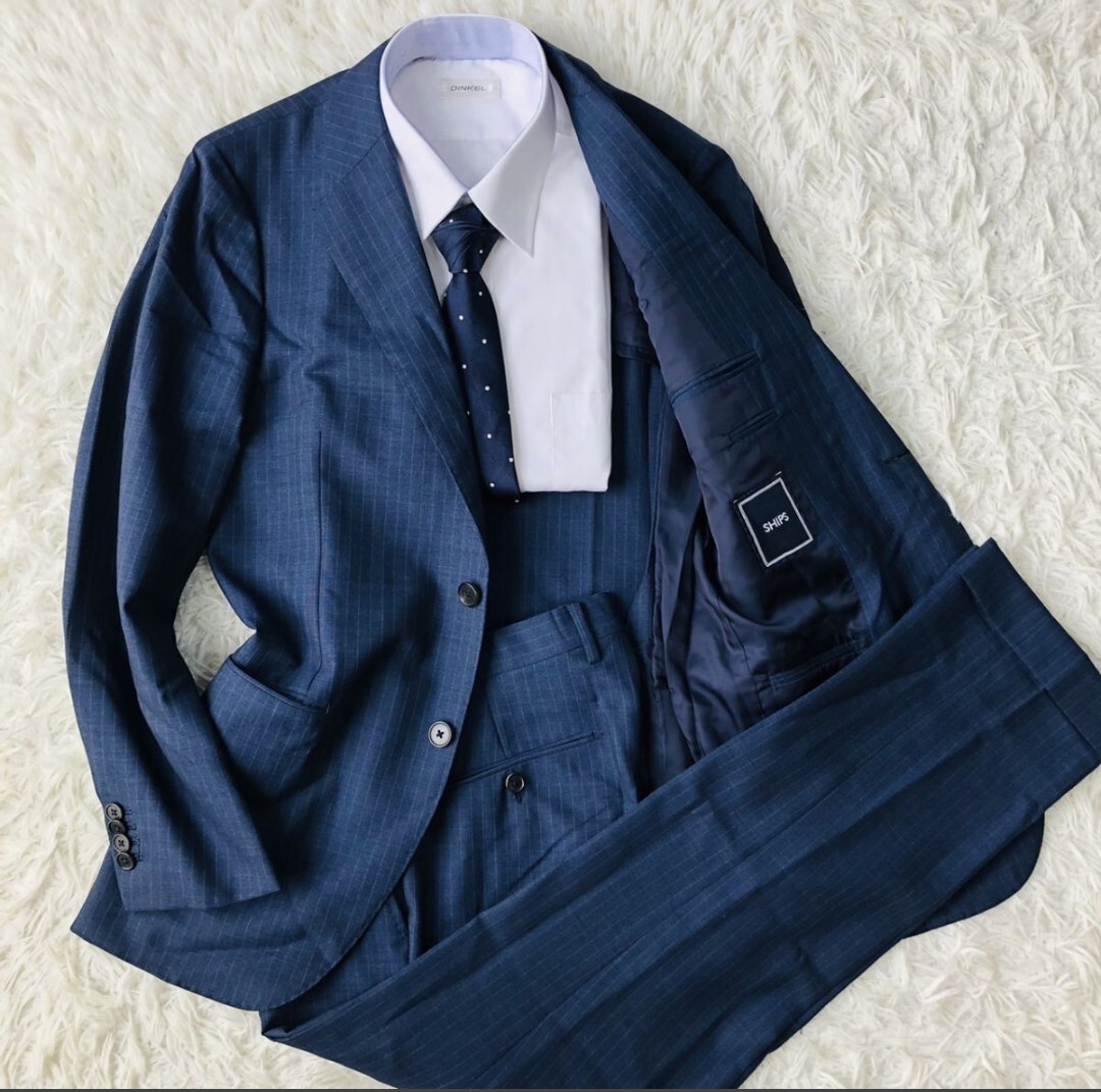 シップス【SHIPS×CANONICO】スーツ セットアップ テーラードジャケット ストライプ 背抜き ネイビー サイズ44 SHIPS拍卖