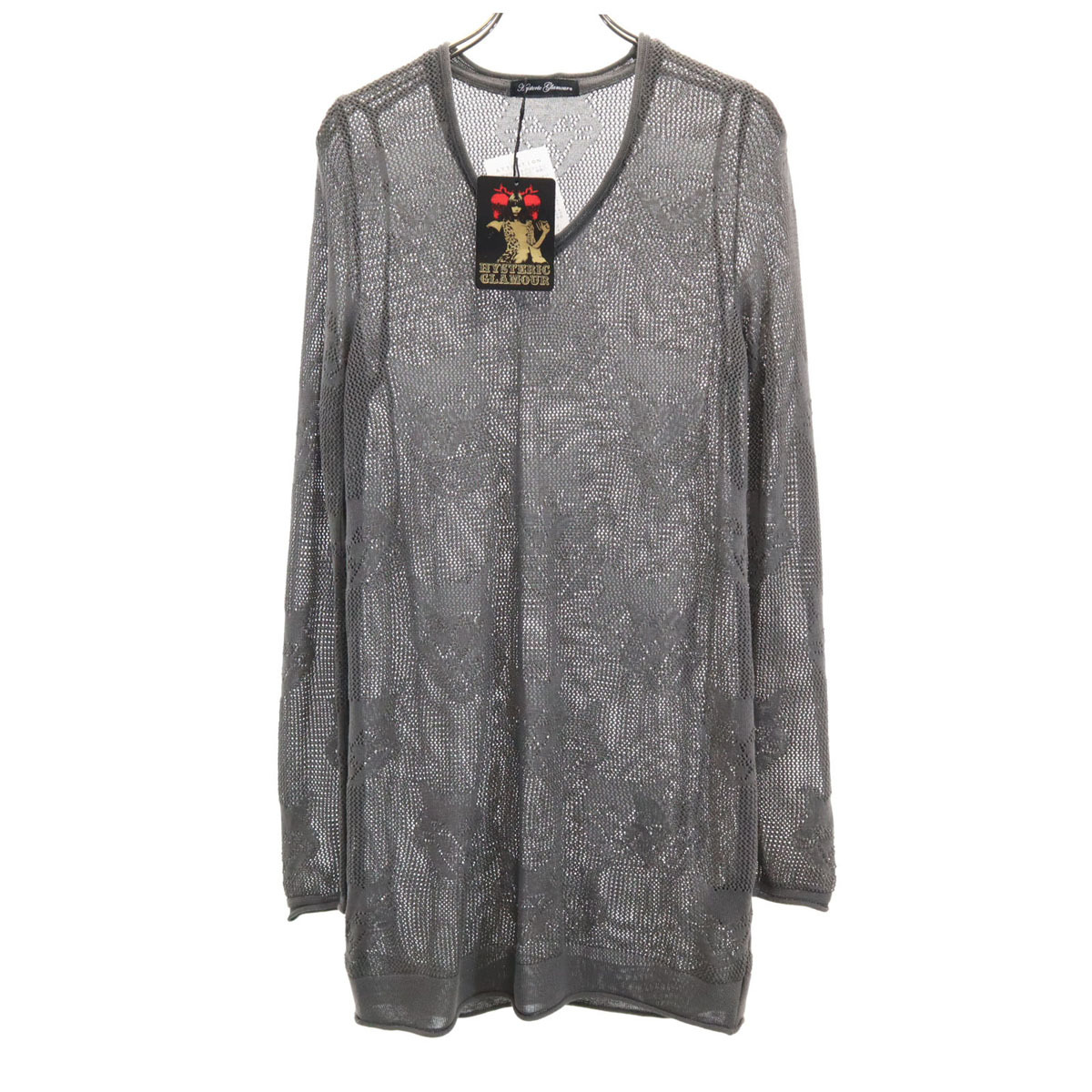 未使用 HYSTERIC GLAMOUR ヒステリックグラマー 日本製 長袖 猫 メッシュ編み チュニック FREE グレー タグ付き ニット レディース拍卖