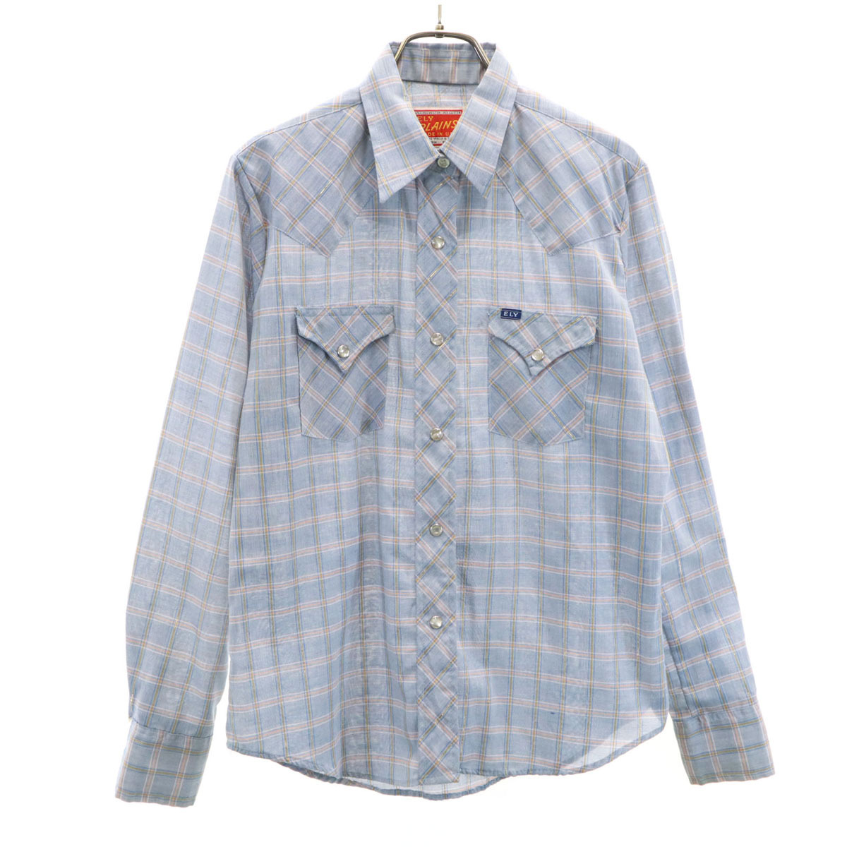 ELY PLAINS 70s 80s USA製 ヴィンテージ チェック柄 長袖 ウエスタンシャツ 11/12 ブルー系 メンズ拍卖