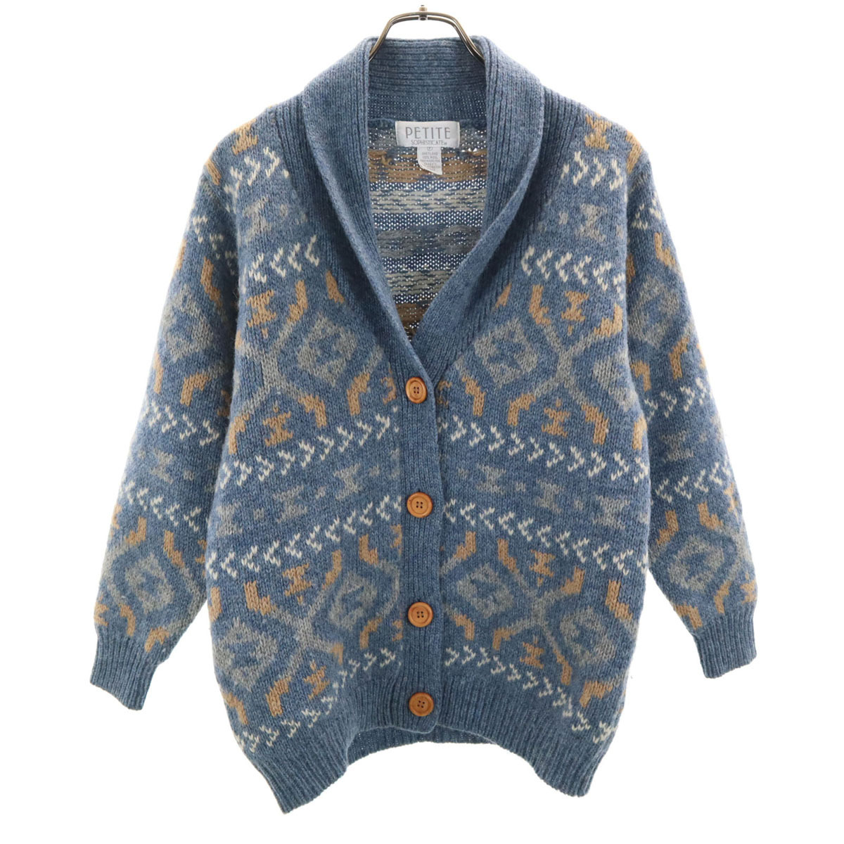 PETITE SOPHISTICATE 90s オールド 総柄 長袖 ショールカラー ニットカーディガン P ネイビー系 レディース拍卖