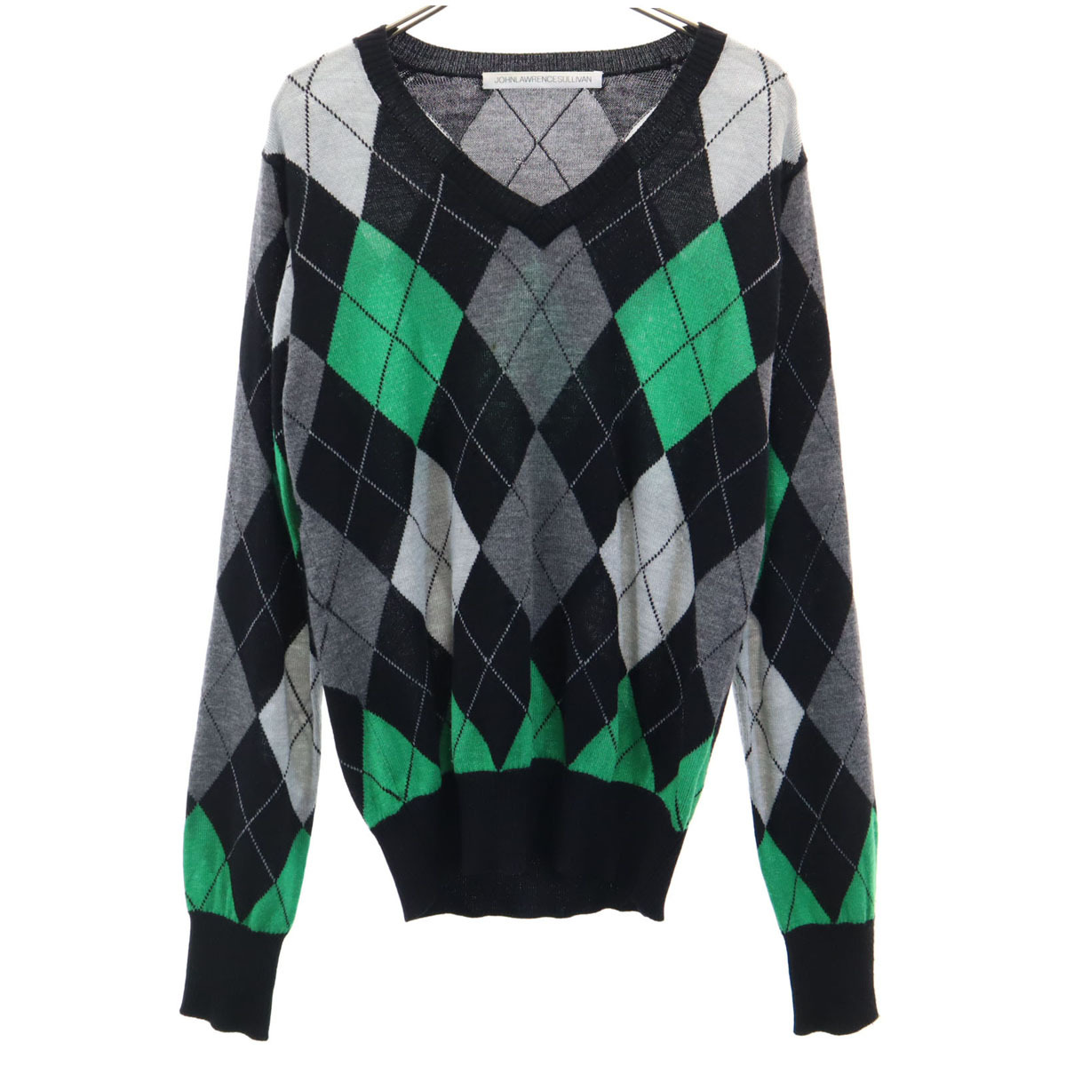JOHN LAWRENCE SULLIVAN ジョンローレンスサリバン ウールブレンド 長袖 Vネック アーガイル セーター 36 グレー ニット メンズ拍卖