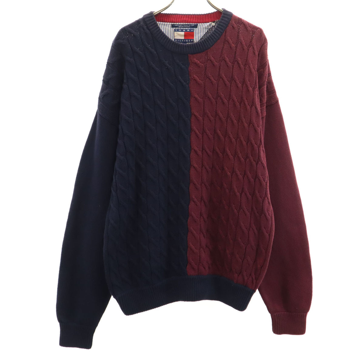 TOMMY HILFIGER トミーヒルフィガー 90s オールド フラッグタグ 長袖 ケーブル ニット L ネイビー セーター メンズ拍卖