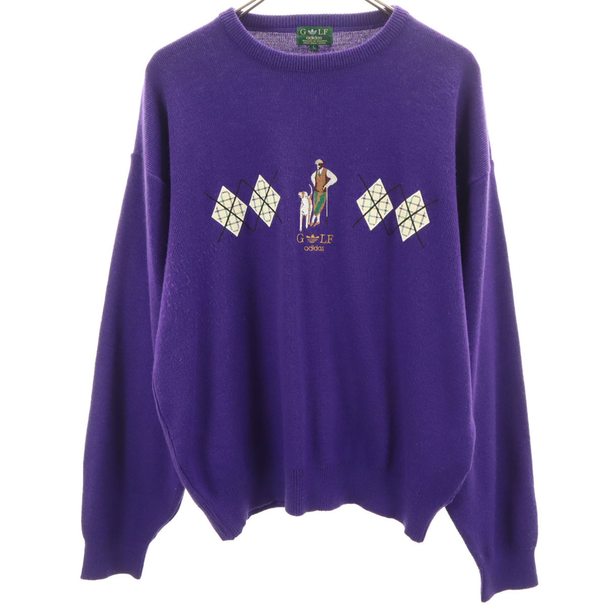 adidas アディダス 80s 日本製 トレフォイルロゴ ゴルフ 長袖 セーター L パープル ニット メンズ拍卖