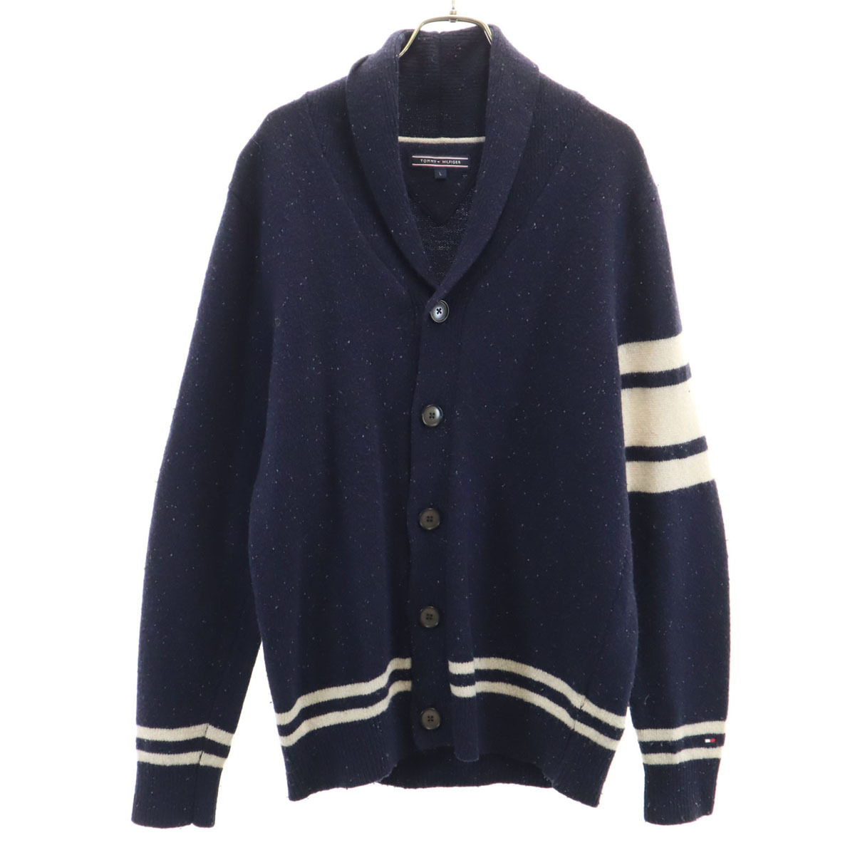 TOMMY HILFIGER トミーヒルフィガー 長袖 ショールカラー ニットカーディガン L ネイビー メンズ拍卖