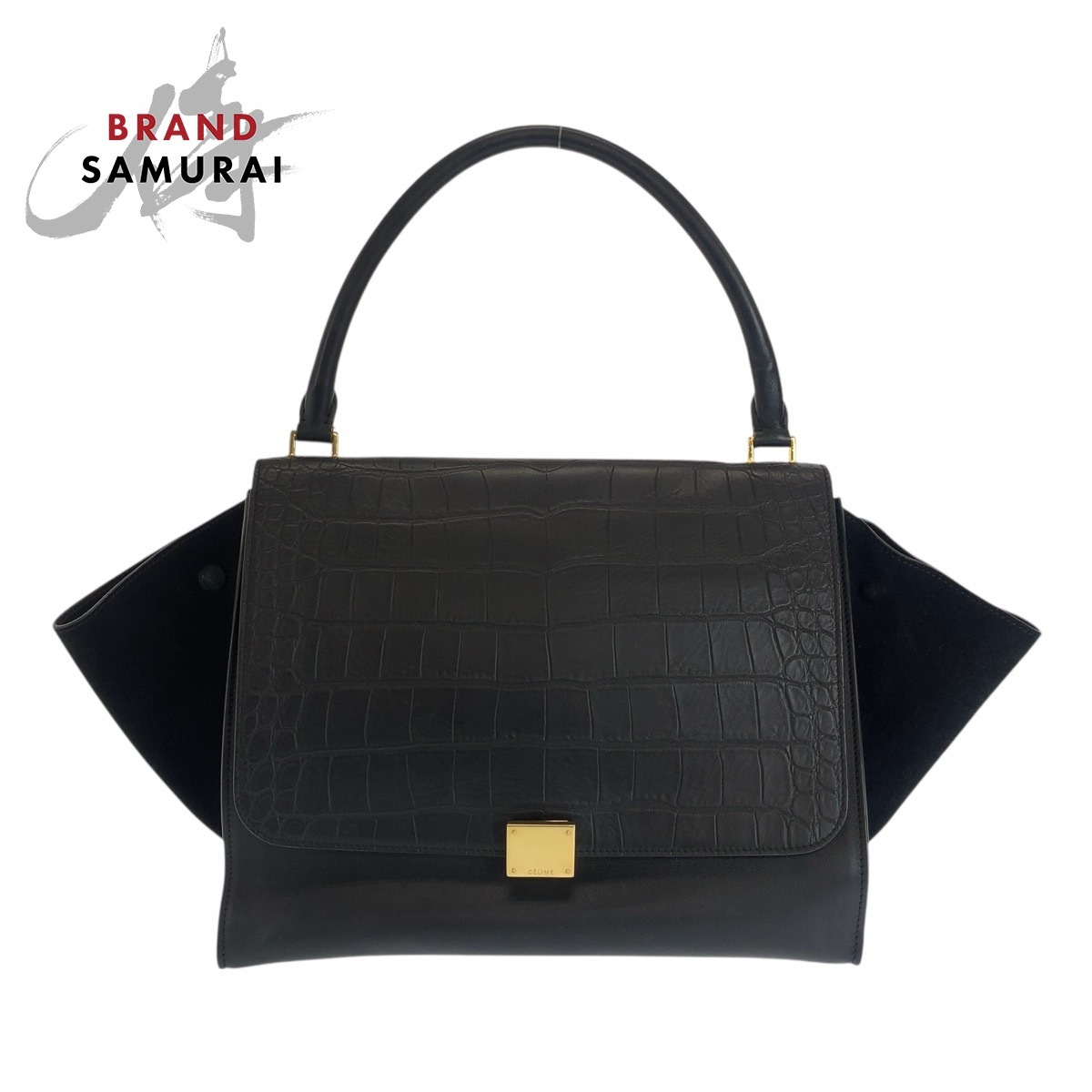 美品 CELINE セリーヌ トラペーズ 型押し ブラック 黒 ゴールド金具 レザー ショルダーバッグ ハンドバッグ レディース 505595拍卖