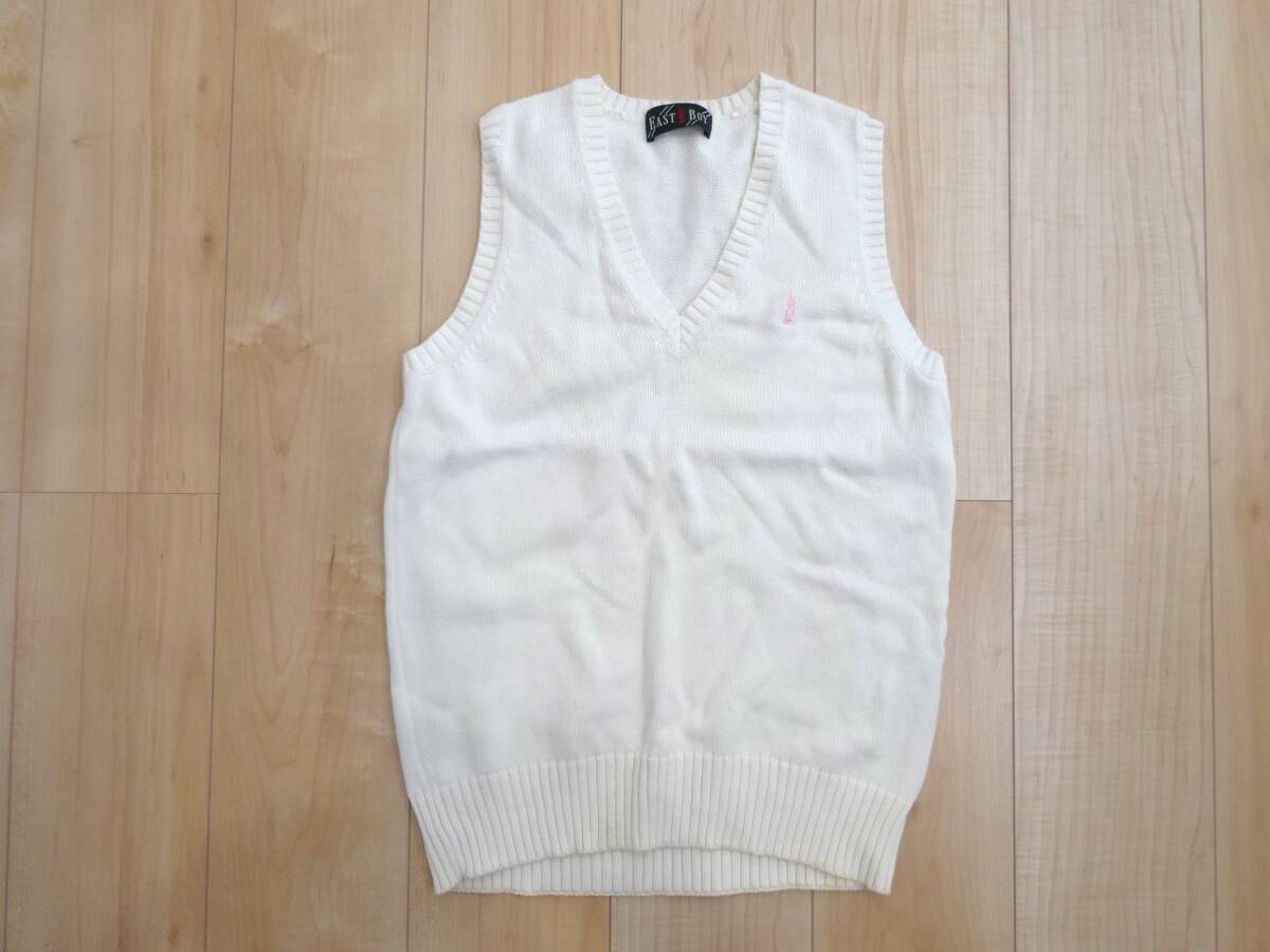 (現状品) EASTBOY イーストボーイ ベスト Vネック ニット スクールベスト サイズ9 レディース ホワイト系 白色系 刺繍ピンク 制服 #C28拍卖